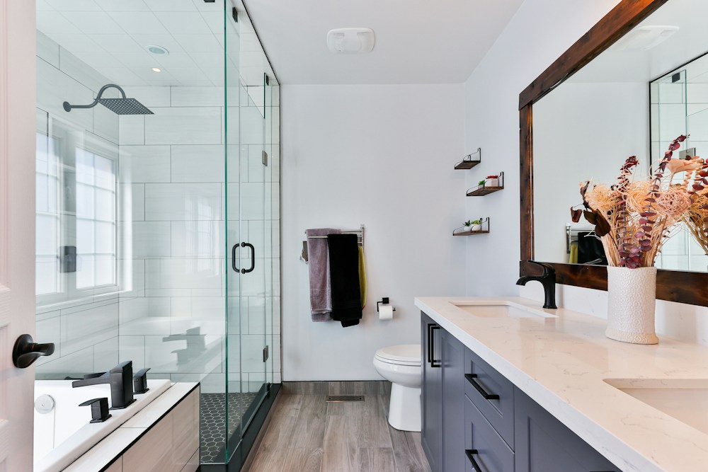 Illustrative contemporary bathroom with calm finishes