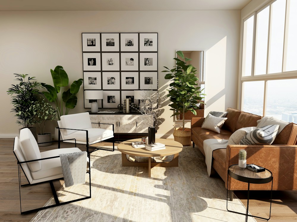 Illustrative airy living room with soft tones and generous seating